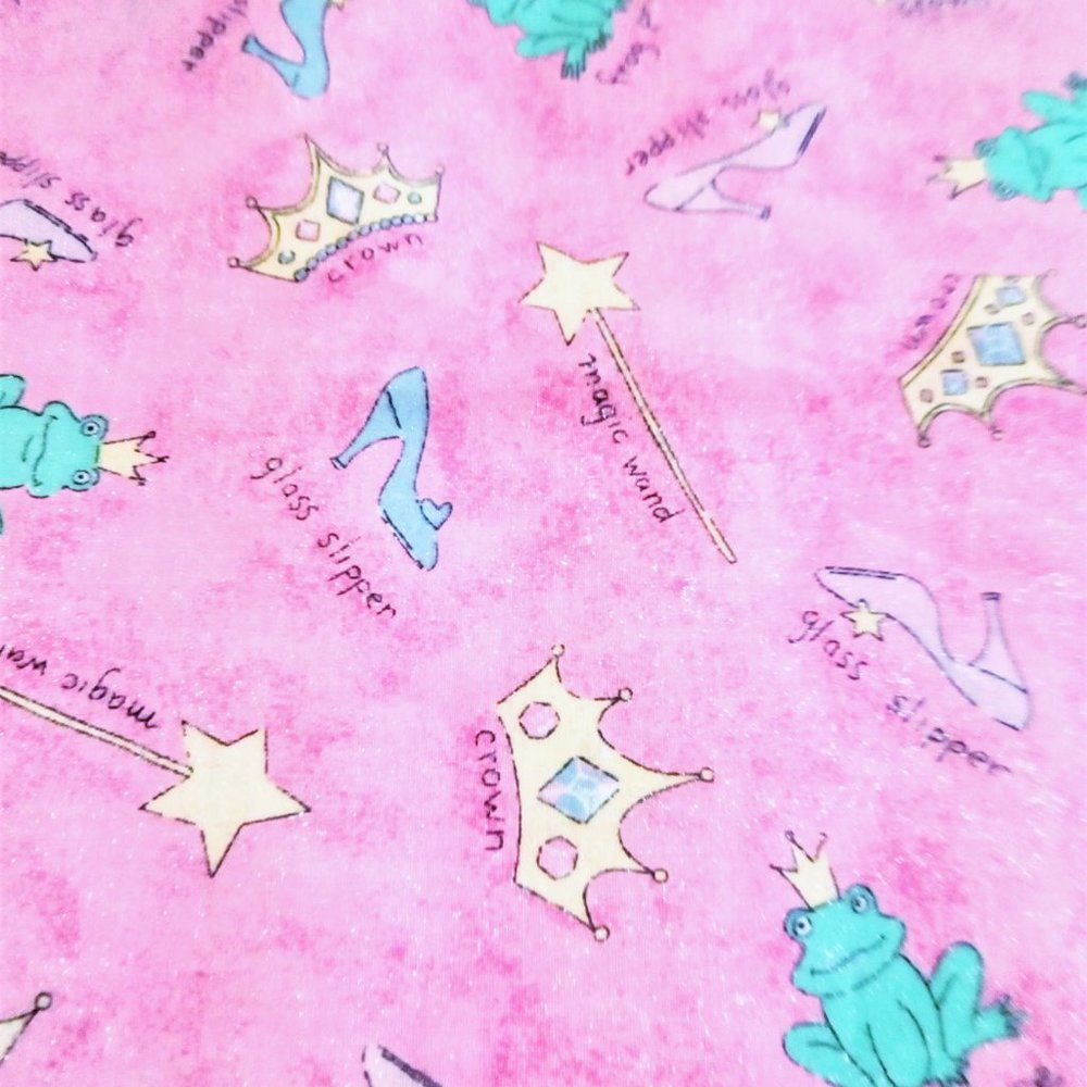 Vintage 1999 Fabric Fat Quarter Pink Peach Princess Frog Slipper Crown Glitter